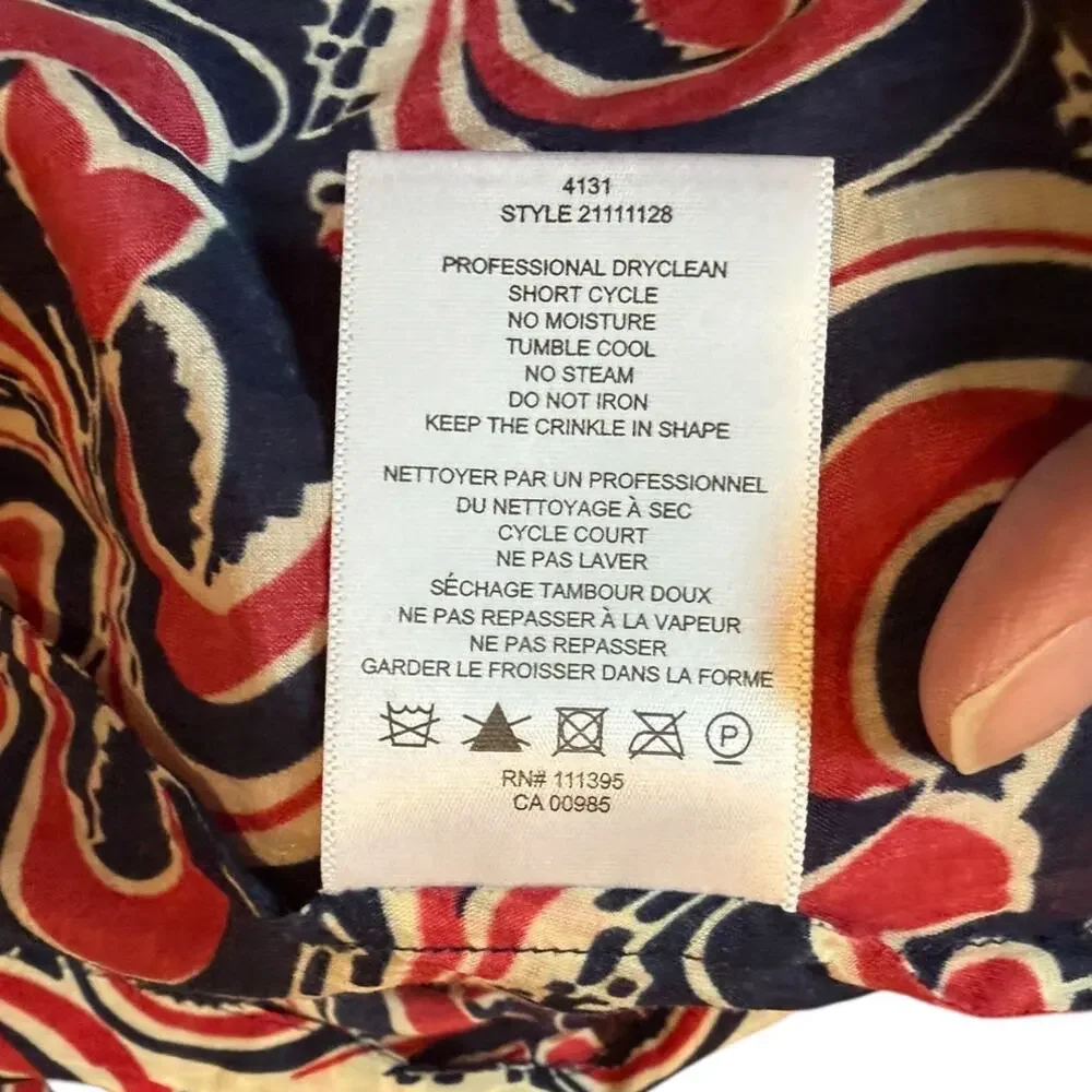 TORY BURCH Women's Abstract Button Down Blouse Sz 14 Red Blue Cotton Silk Blend